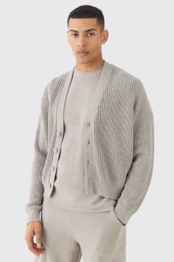 Boxy Fit Ribbed Fisherman Knit Cardigan | BoohooMAN UK