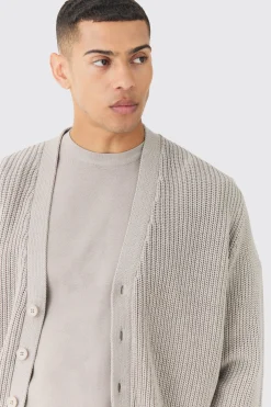 Boxy Fit Ribbed Fisherman Knit Cardigan | BoohooMAN UK