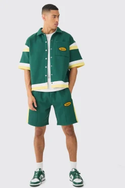 Boxy Fit Varsity Shirt Short Tracksuit | BoohooMAN UK