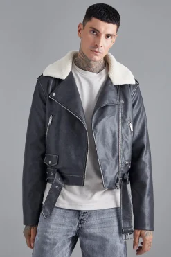 Boxy Fit Washed Pu Biker With Borg Collar | BoohooMAN UK
