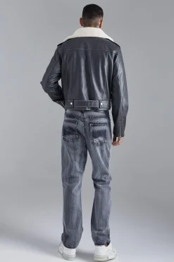 Boxy Fit Washed Pu Biker With Borg Collar | BoohooMAN UK