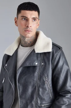 Boxy Fit Washed Pu Biker With Borg Collar | BoohooMAN UK