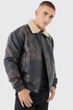 Boxy Fit Washed PU Borg Collar Bomber Jacket In Brown | BoohooMAN UK