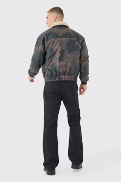 Boxy Fit Washed PU Borg Collar Bomber Jacket In Brown | BoohooMAN UK