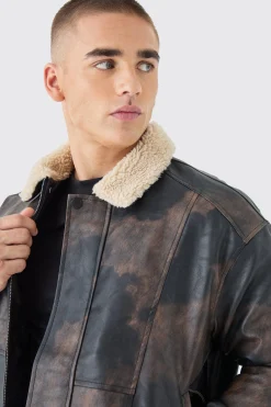 Boxy Fit Washed PU Borg Collar Bomber Jacket In Brown | BoohooMAN UK