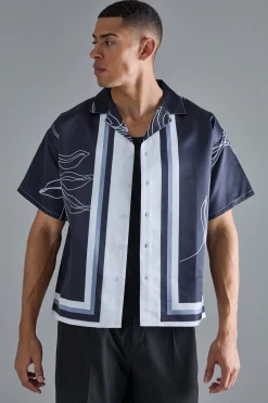 Boxy Floral Boarder Satin Shirt | BoohooMAN UK