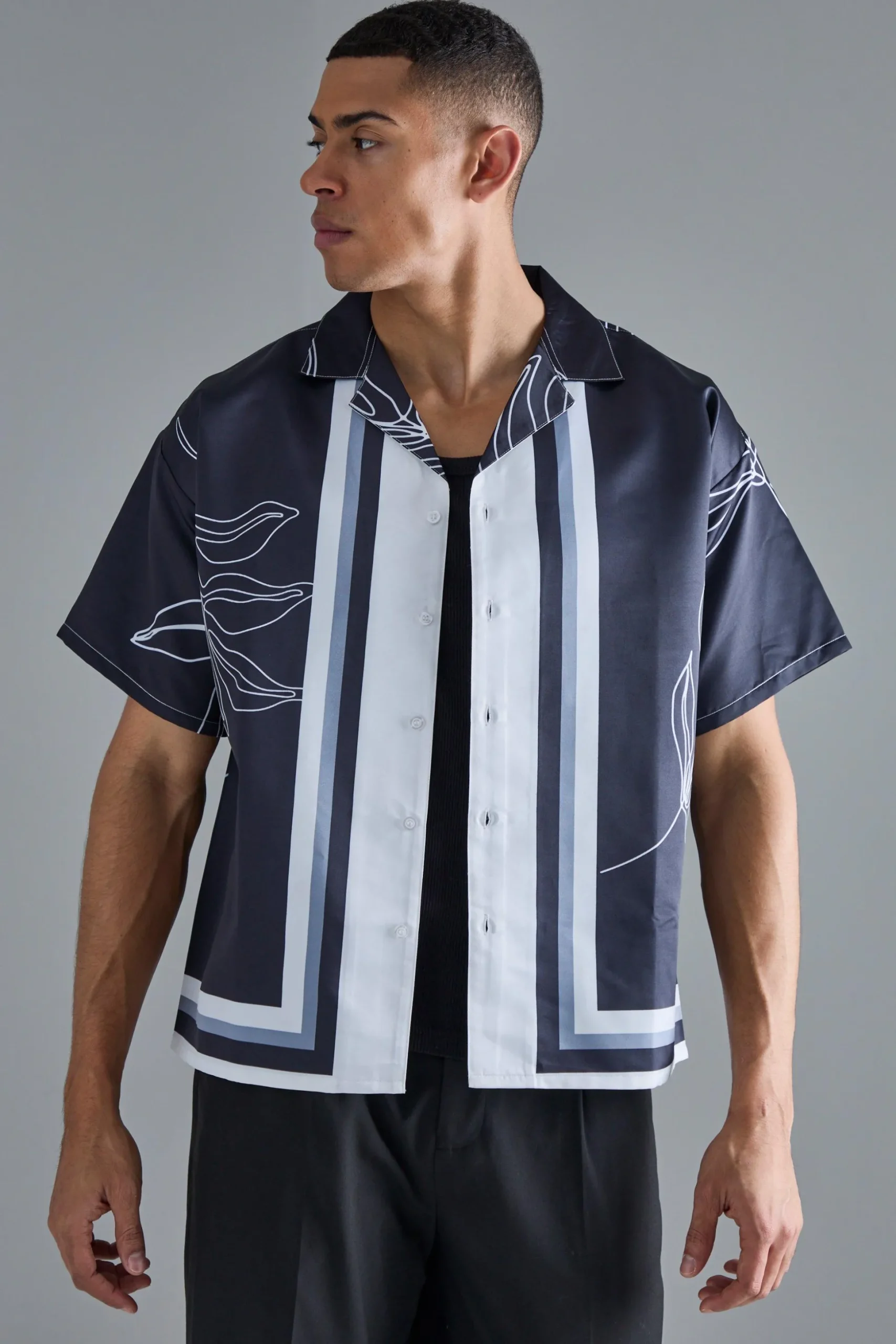 Boxy Floral Boarder Satin Shirt | BoohooMAN UK