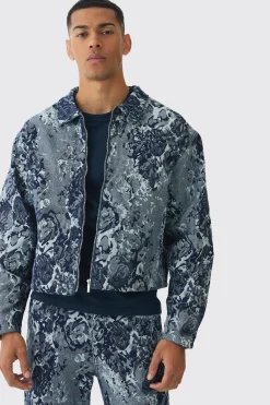 Boxy Floral Jacquard Denim Jacket | BoohooMAN UK