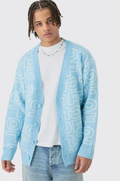 Boxy Fluffy Branded Knitted Cardigan In Blue | BoohooMAN UK