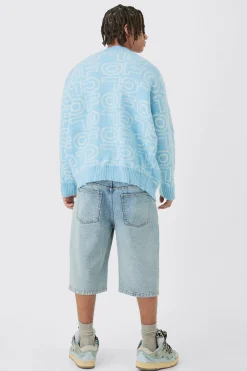 Boxy Fluffy Branded Knitted Cardigan In Blue | BoohooMAN UK