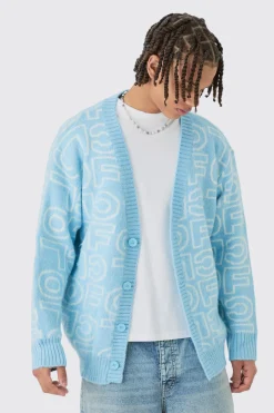 Boxy Fluffy Branded Knitted Cardigan In Blue | BoohooMAN UK