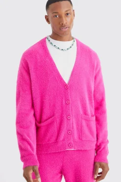 Boxy Fluffy Knitted Cardigan | BoohooMAN UK