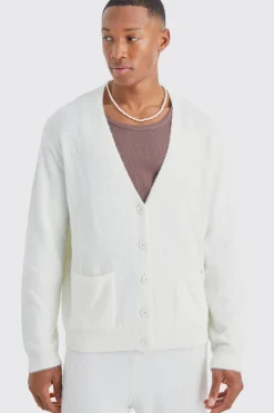 Boxy Fluffy Knitted Cardigan | BoohooMAN UK
