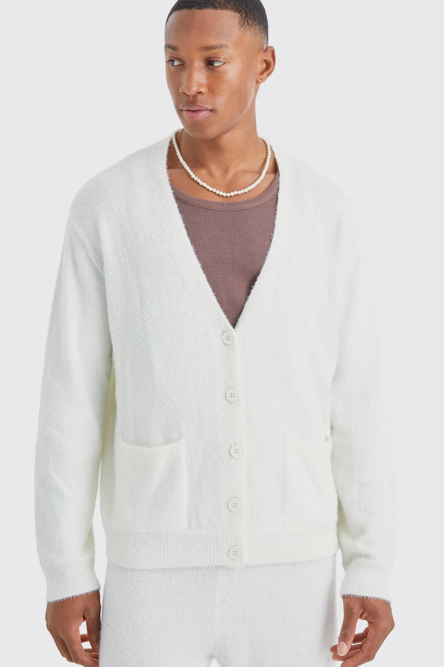 Boxy Fluffy Knitted Cardigan | BoohooMAN UK