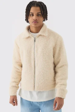 Boxy Fluffy Texture Harrington In Ecru | BoohooMAN UK