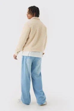 Boxy Fluffy Texture Harrington In Ecru | BoohooMAN UK