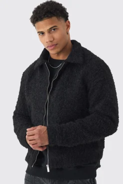 Boxy Fluffy Texture Harrington In Black | BoohooMAN UK