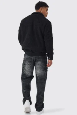 Boxy Fluffy Texture Harrington In Black | BoohooMAN UK