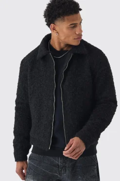 Boxy Fluffy Texture Harrington In Black | BoohooMAN UK