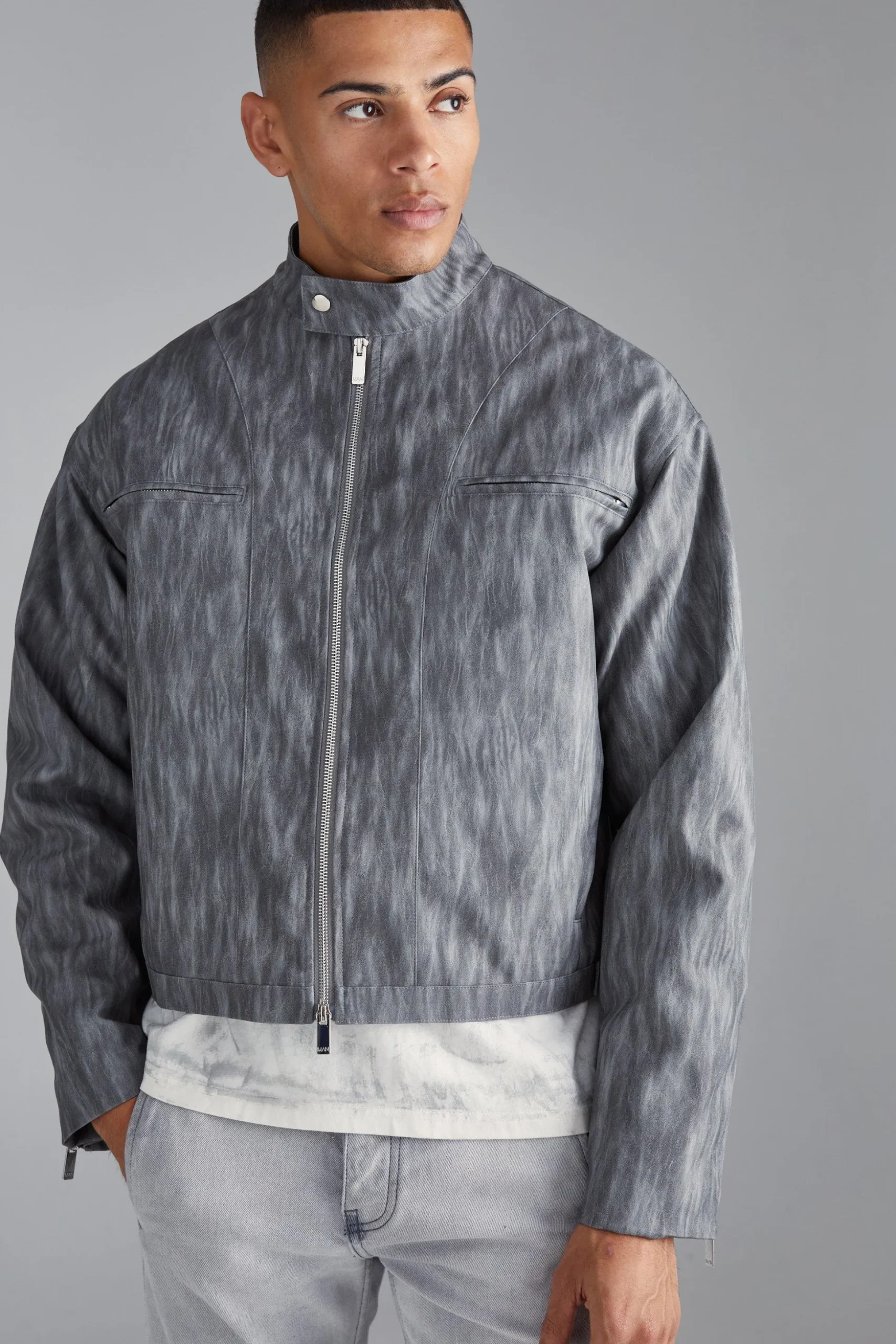 Boxy Funnel Neck Biker Jacket | BoohooMAN UK