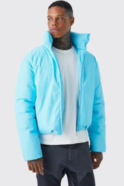 Boxy Funnel Neck Coated Puffer | BoohooMAN UK