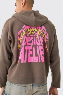 Boxy Graphic Knit Hoodie | BoohooMAN UK