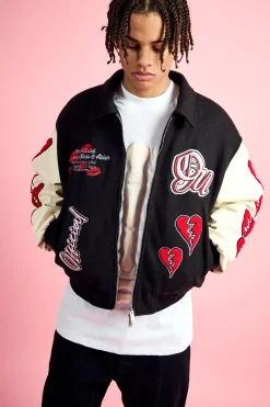 Boxy Heart Applique Varsity Bomber | BoohooMAN UK