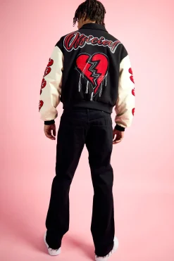 Boxy Heart Applique Varsity Bomber | BoohooMAN UK