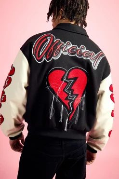 Boxy Heart Applique Varsity Bomber | BoohooMAN UK