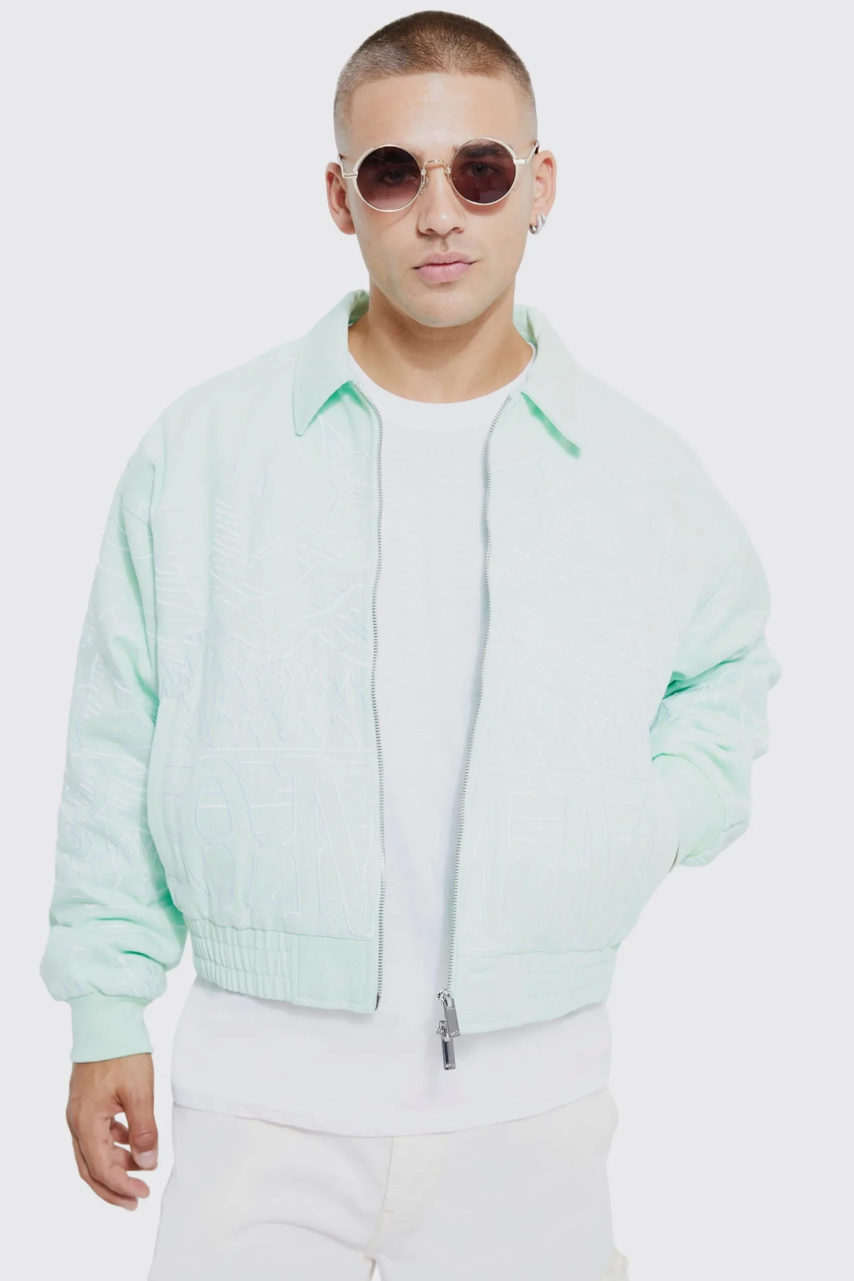 Boxy Heavy Twill Embroidered Collared Bomber | BoohooMAN UK