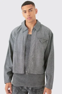 Boxy Herringbone Collared Jacket | BoohooMAN UK