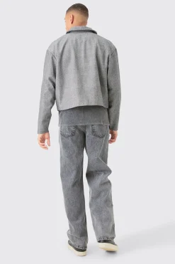 Boxy Herringbone Collared Jacket | BoohooMAN UK