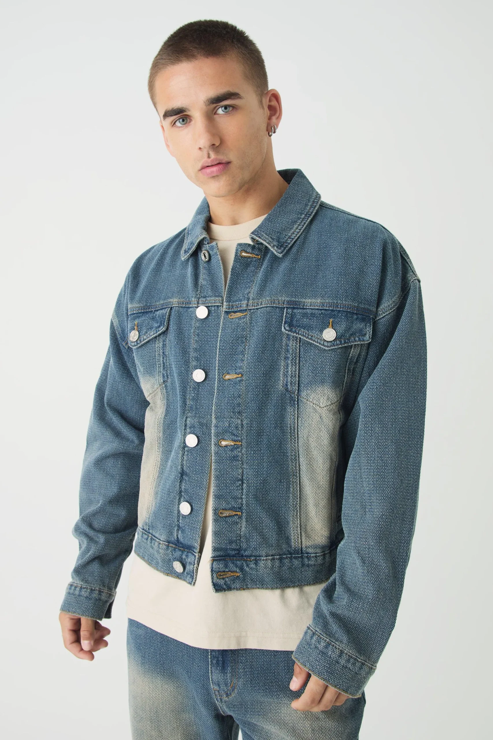 Boxy Herringbone Fabric Interest Denim Jacket | BoohooMAN UK
