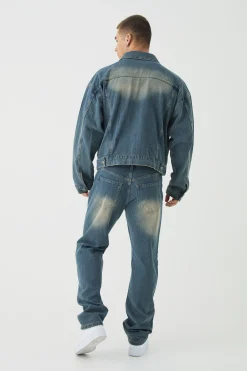 Boxy Herringbone Fabric Interest Denim Jacket | BoohooMAN UK