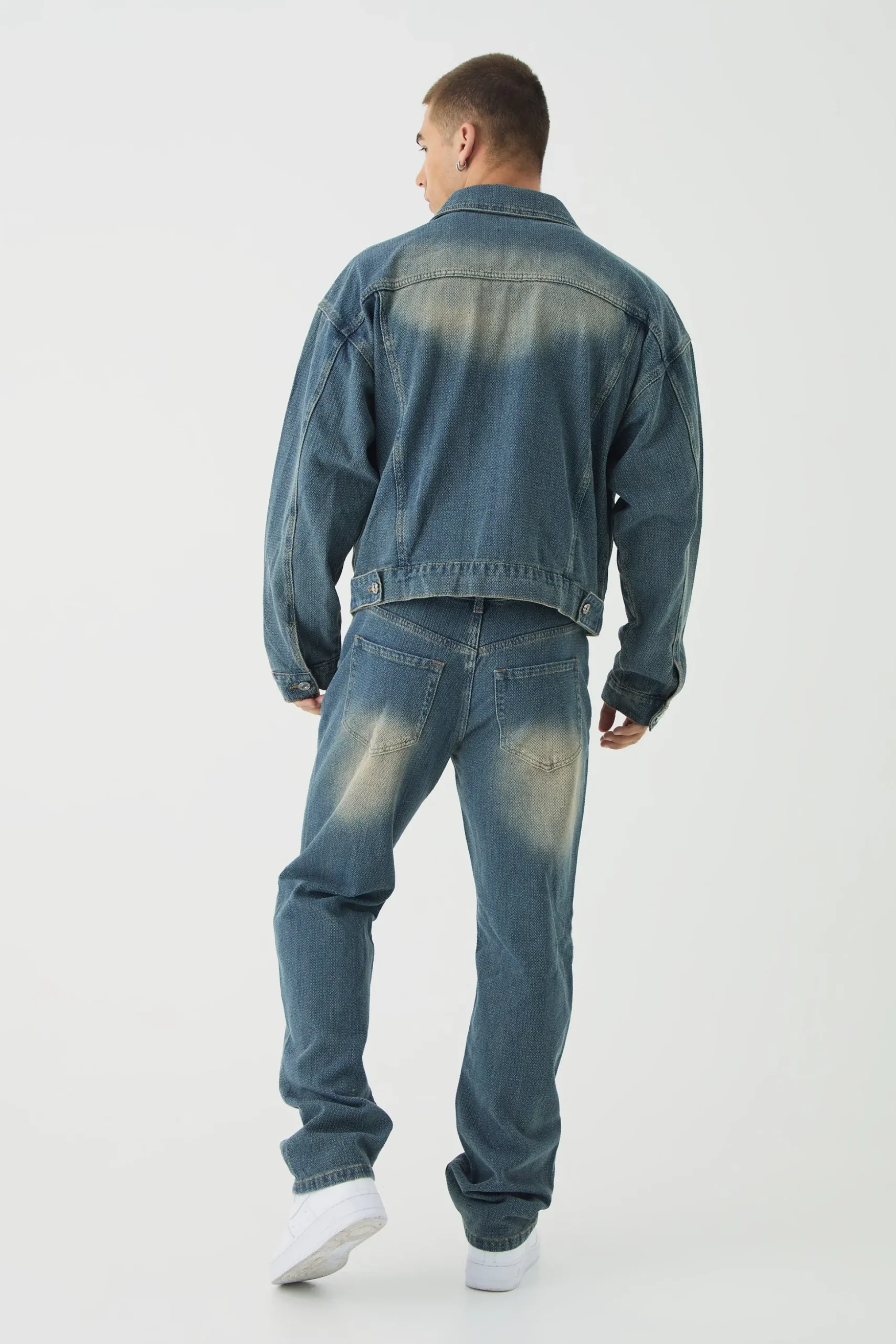 Boxy Herringbone Fabric Interest Denim Jacket | BoohooMAN UK