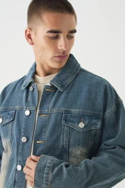 Boxy Herringbone Fabric Interest Denim Jacket | BoohooMAN UK