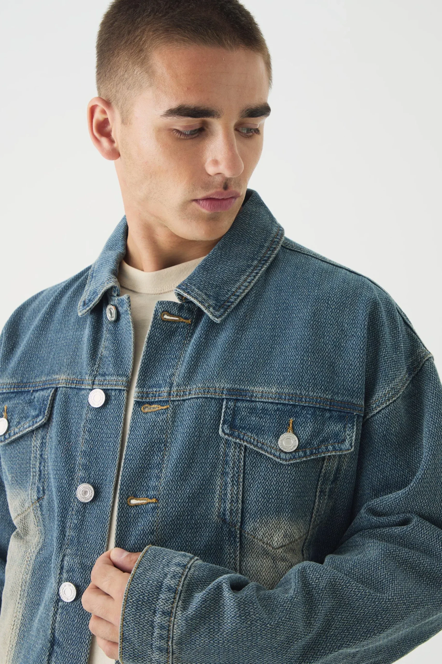 Boxy Herringbone Fabric Interest Denim Jacket | BoohooMAN UK