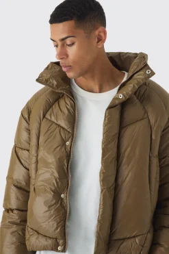 Boxy High Shine Nylon Abstract Quilted Funnel Neck Puffer In Khaki | BoohooMAN UK