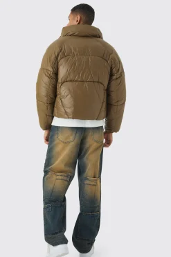 Boxy High Shine Nylon Abstract Quilted Funnel Neck Puffer In Khaki | BoohooMAN UK
