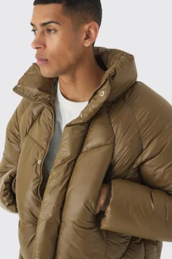 Boxy High Shine Nylon Abstract Quilted Funnel Neck Puffer In Khaki | BoohooMAN UK