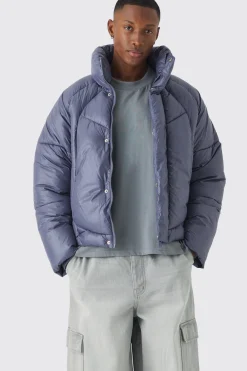Boxy High Shine Nylon Abstract Quilted Funnel Neck Puffer In Slate | BoohooMAN UK