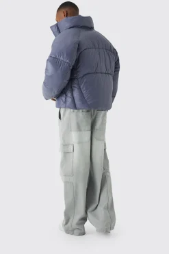 Boxy High Shine Nylon Abstract Quilted Funnel Neck Puffer In Slate | BoohooMAN UK