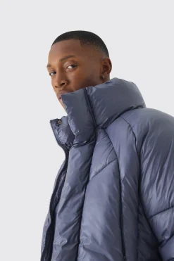 Boxy High Shine Nylon Abstract Quilted Funnel Neck Puffer In Slate | BoohooMAN UK