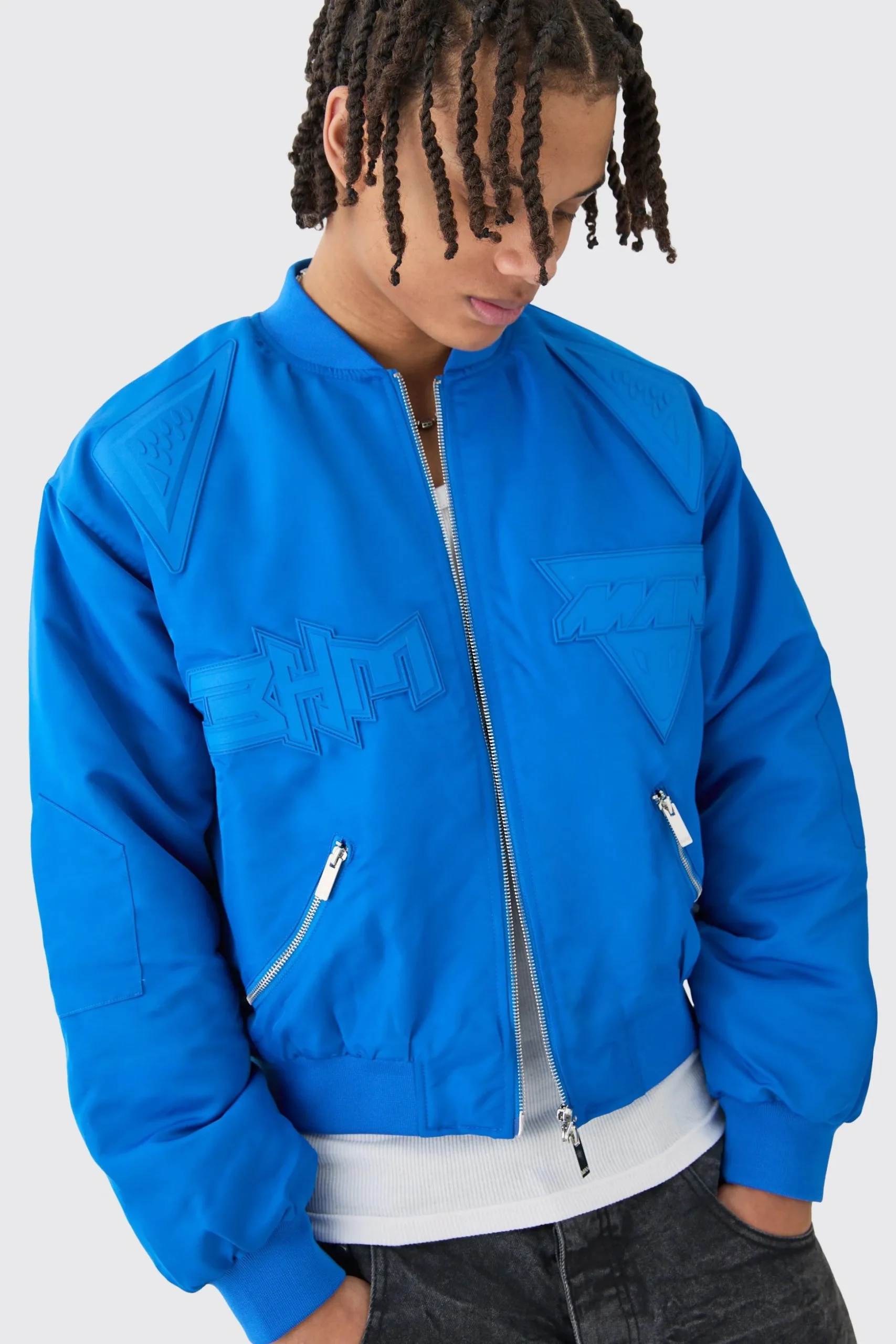 Boxy High Shine Tonal Nylon Moto Bomber | BoohooMAN UK