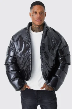 Boxy High Shine Volume Padded Puffer Bomber | BoohooMAN UK