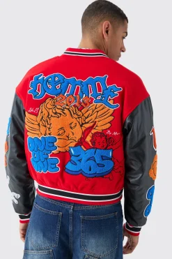 Boxy Homme Badge PU Sleeve Varsity Jacket In Red | BoohooMAN UK
