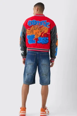 Boxy Homme Badge PU Sleeve Varsity Jacket In Red | BoohooMAN UK