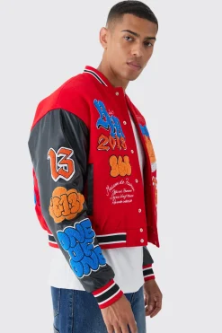 Boxy Homme Badge PU Sleeve Varsity Jacket In Red | BoohooMAN UK