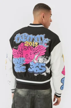 Boxy Homme Badge PU Sleeve Varsity Jacket In Black | BoohooMAN UK