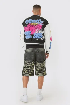 Boxy Homme Badge PU Sleeve Varsity Jacket In Black | BoohooMAN UK
